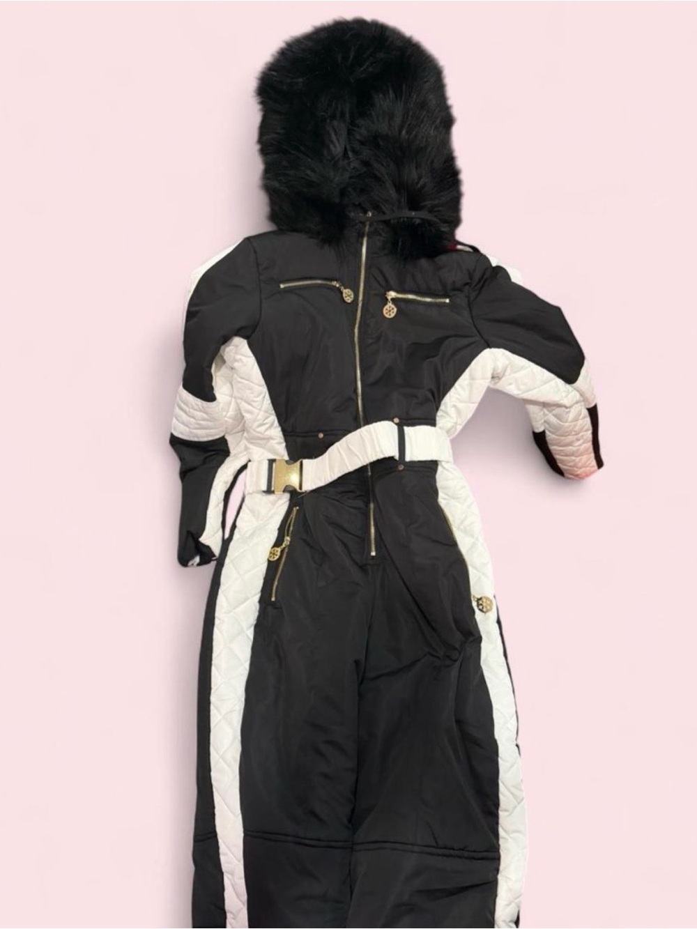 Yousify Black & White One Piece Ski Suit Faux Fur Hood Size Small NWT